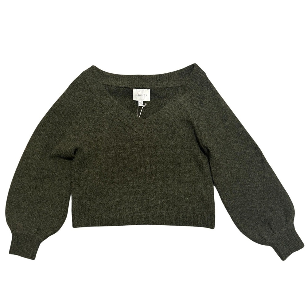 NEW JASON WU Wool Blend Green V Neck Balloon Sleeve Sweater Large - Picture 2 of 12